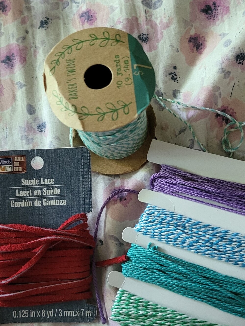 Crafting Twine & Leather Cord Lot - Red Suede Lace, Spool & Carded Baker's Twine